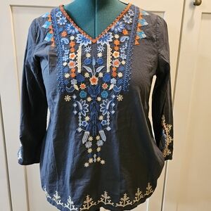 Embroidered V-Neck Blouse in Dark Blue